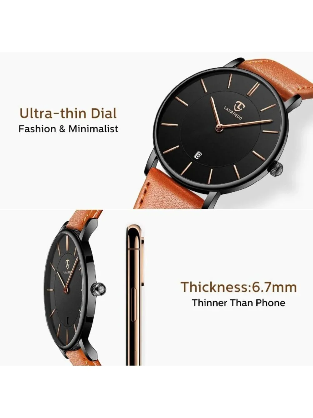 Men's Orange Black Leather Strap Analog Minimalist Fashion Simple Wrist Watch